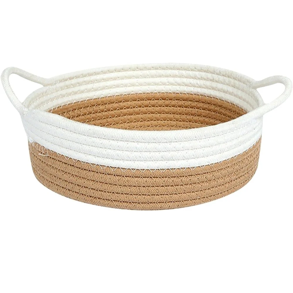#623 White/Tan Rope Basket Round Woven Basket with Handle 7 Inch